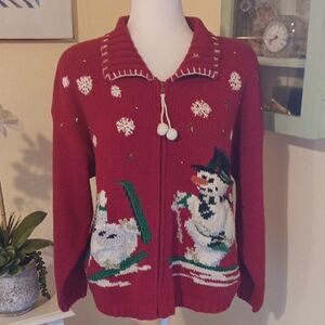 Vintage TIARA Skiing Snowmen Holiday Zip Front Sweater. Not Ugly Sweater.
